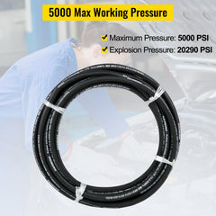 VEVOR Hydraulic Hose 50 Feet Rubber Hydraulic Hoses with 2 High-Tensile Steel Wire Braid, Inner Diameter 1/2 Inch, 5000