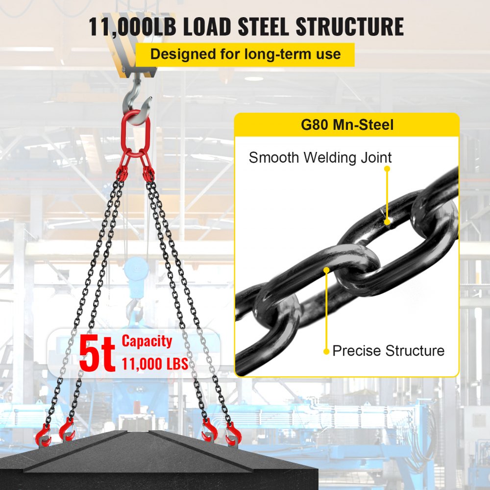 VEVOR Chain Sling, 5/16 inch x 5 ft Lifting Chains with Hooks, G80 Engine Chain Hoist Lifts, 11000 lbs/5 Ton Capacity