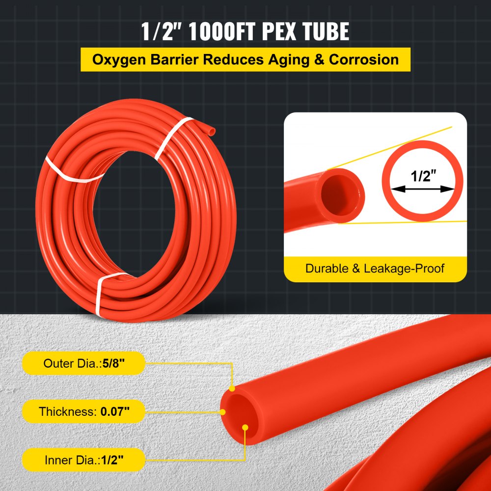 VEVOR 1000Ft PEX Tubing Pipe 1/2" PEX Tubing Oxygen Barrier Radiant Floor PEX Pipe Radiant Heat Floor Heating Plumbing