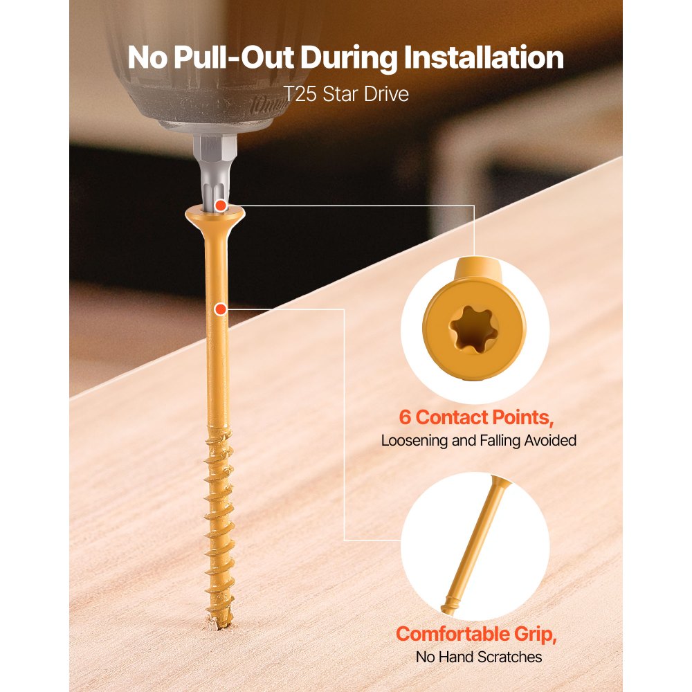 VEVOR Wood Screws 350 PCS, #10 x 3-Inch Anti-Rust Coated, Exterior Deck Screw Torx/T25 Star Drive, Metal Rust-Resistant
