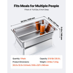 VEVOR 1 Pack Stainless Steam Hotel Pan, Full Size Table Steam Pan, 6 Inch Deep Anti Jam Restaurant Supplies Reusable