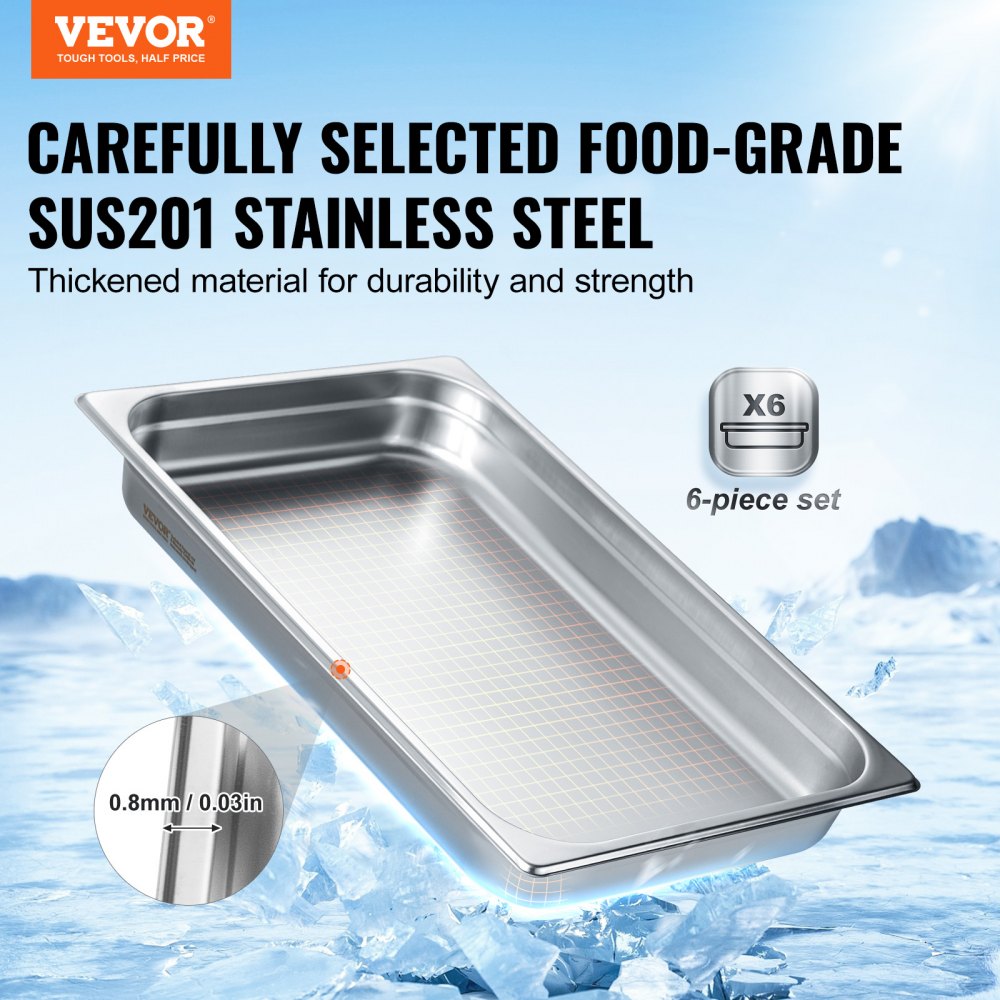 VEVOR 6 Pack Hotel Pans, Full Size Anti-Jam Steam Pan, 0.8mm Thick Stainless Steel Restaurant Steam Table Pan, 2.5-Inch