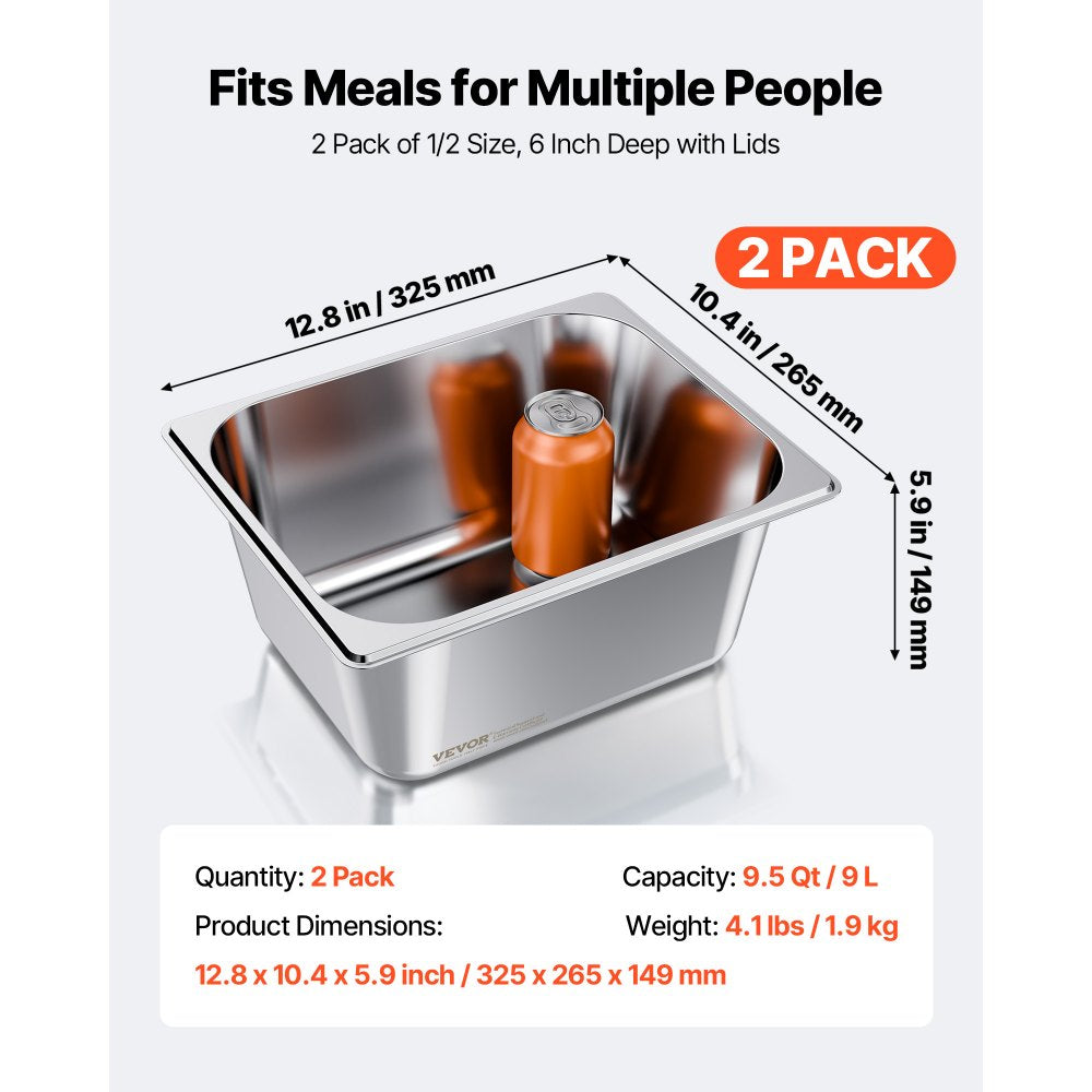 VEVOR 2 Pack Stainless Steam Hotel Pans, 1/2 Size Table Steam Pans With Lids, 6 Inch Deep, Anti Jam Restaurant Supplies