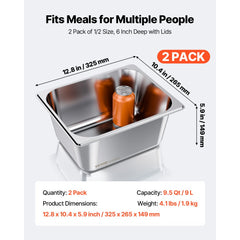 VEVOR 2 Pack Stainless Steam Hotel Pans, 1/2 Size Table Steam Pans With Lids, 6 Inch Deep, Anti Jam Restaurant Supplies