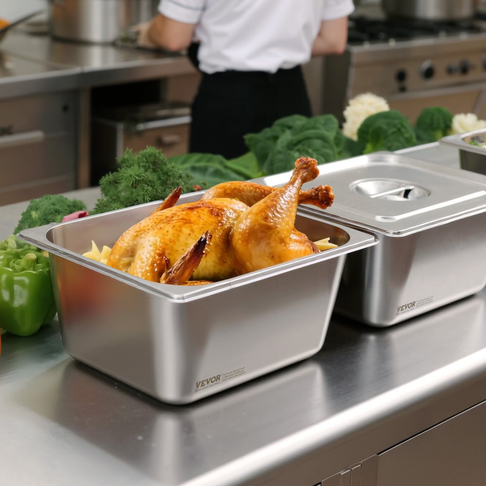 VEVOR 2 Pack Stainless Steam Hotel Pans, 1/2 Size Table Steam Pans With Lids, 6 Inch Deep, Anti Jam Restaurant Supplies