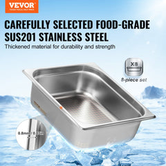 VEVOR 8 Pack Hotel Pans, 1/2 Size Anti-Jam Steam Pan with Lid, 0.8mm Thick Stainless Steel Steam Table Pan, 4-Inch Deep