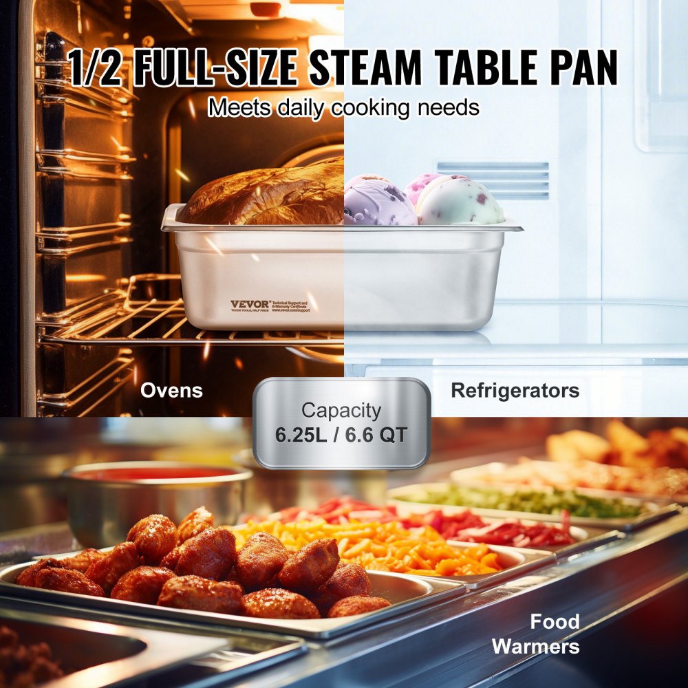 VEVOR 8 Pack Hotel Pans, 1/2 Size Anti-Jam Steam Pan with Lid, 0.8mm Thick Stainless Steel Steam Table Pan, 4-Inch Deep