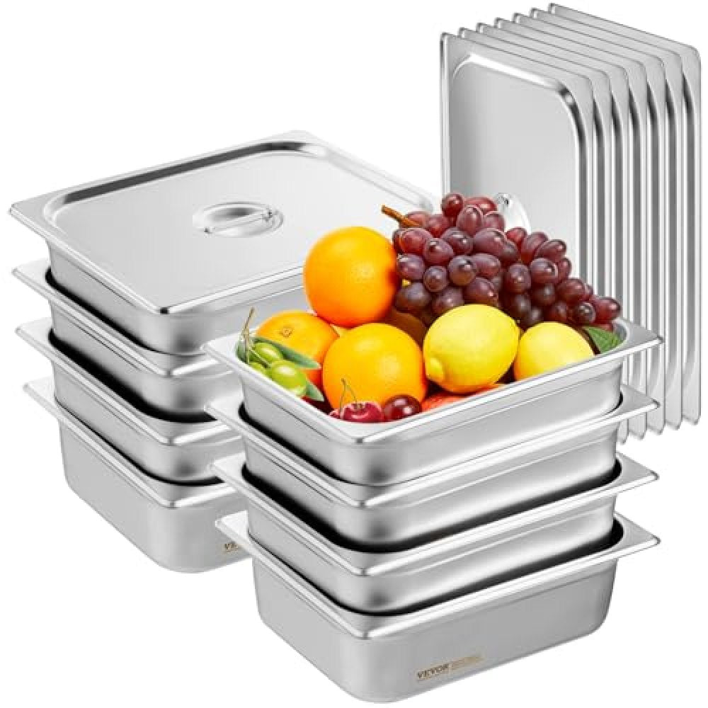VEVOR 8 Pack Hotel Pans, 1/2 Size Anti-Jam Steam Pan with Lid, 0.8mm Thick Stainless Steel Steam Table Pan, 4-Inch Deep