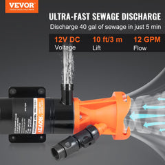 VEVOR RV Portable Macerator Pump, 12V, 12GMP Quick Release RV Waste Pump, RV Sewage Sewer Pump with Detachable Quick