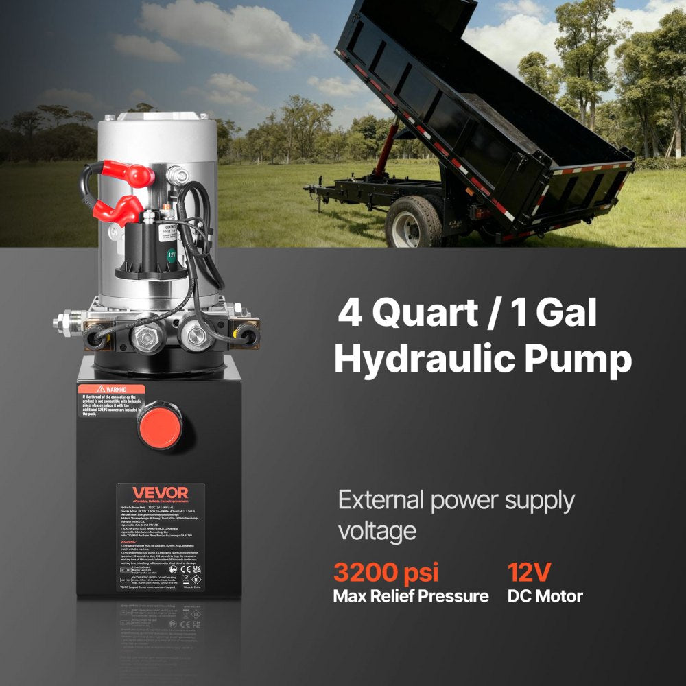 VEVOR 4 Quart Hydraulic Power Unit, Double Acting Dump Trailer Pump, 3200 PSI Max Relief Pressure & 0.91 GPM Flow Rate