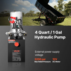 VEVOR 4 Quart Hydraulic Power Unit, Double Acting Dump Trailer Pump, 3200 PSI Max Relief Pressure & 0.91 GPM Flow Rate