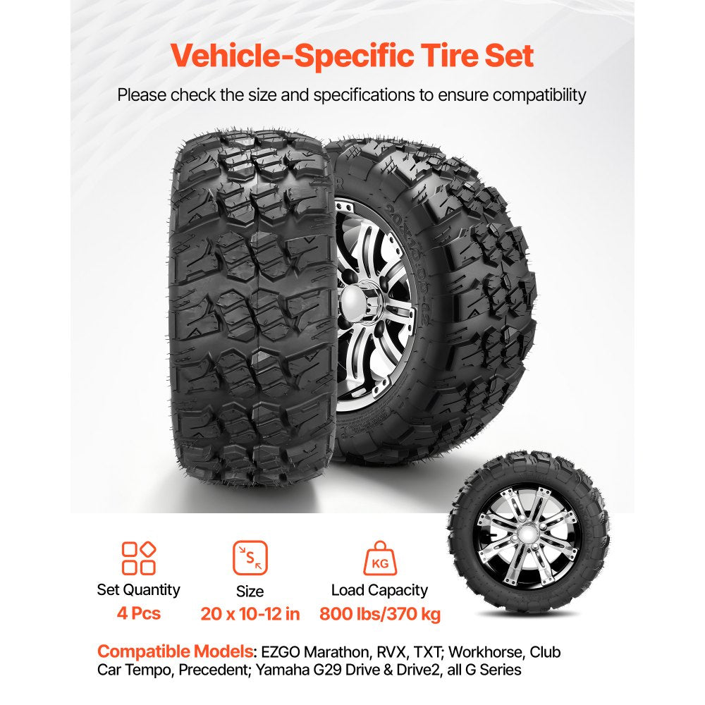 VEVOR Golf Cart Wheels, 12" 20x10-12 Black Aluminum Alloy Golf Cart Tires and Wheels Combo (Set of 4) Fit Club Car