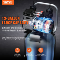 VEVOR 13 Gallon Air Compressor, 2HP 4.6 SCFM@90PSI Oil Free Air Compressor Tank, 66dB Ultra-Quiet Compressor for Tire