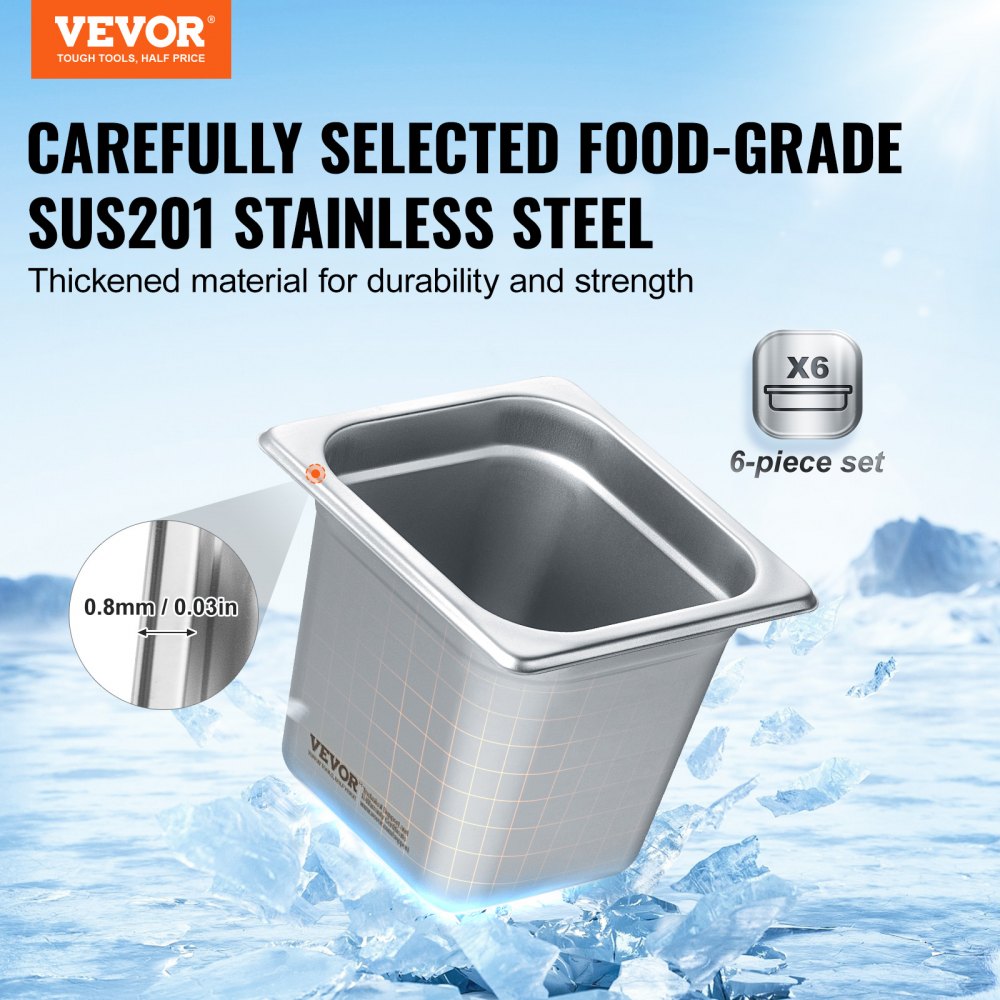 VEVOR 6 Pack Hotel Pans, 1/6 Size Anti-Jam Steam Pan, 0.8mm Thick Stainless Steel Restaurant Steam Table Pan, 6-Inch