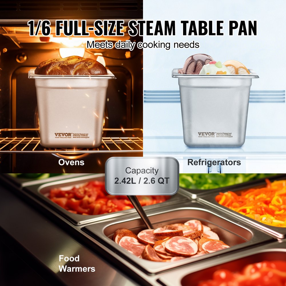 VEVOR 6 Pack Hotel Pans, 1/6 Size Anti-Jam Steam Pan, 0.8mm Thick Stainless Steel Restaurant Steam Table Pan, 6-Inch