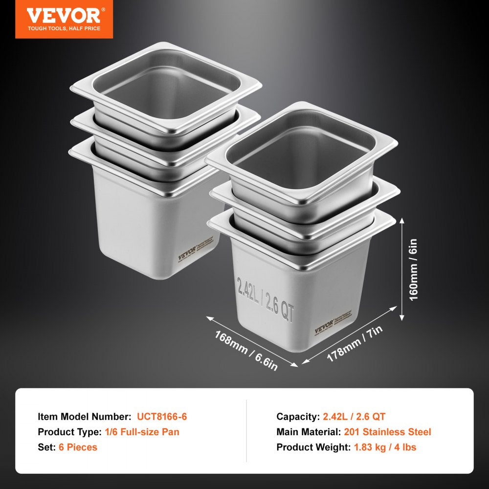 VEVOR 6 Pack Hotel Pans, 1/6 Size Anti-Jam Steam Pan, 0.8mm Thick Stainless Steel Restaurant Steam Table Pan, 6-Inch