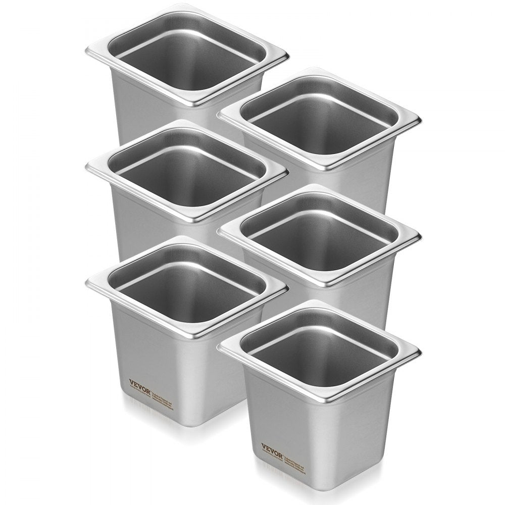 VEVOR 6 Pack Hotel Pans, 1/6 Size Anti-Jam Steam Pan, 0.8mm Thick Stainless Steel Restaurant Steam Table Pan, 6-Inch