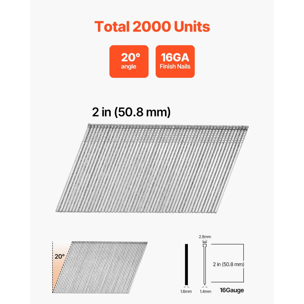 VEVOR 16 Gauge Finish Nails, 2 in Angled Finishing Nails, 2000-Count Galvanized Finishing Nail, 20-Degree Heavy-Duty