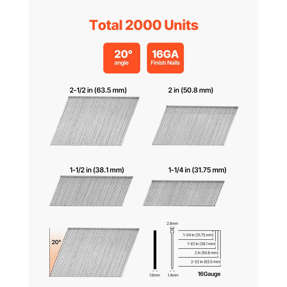 VEVOR 16 Gauge Finish Nails, 20-Degree Angled Finishing Nails, 2000-Count (2-1/2 in, 2 in, 1-1/2 in, 1-1/4 in, 500 Per