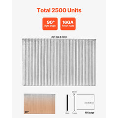 VEVOR 16 Gauge Finish Nails, 2 in Straight Finishing Nails, 2500-Count Galvanized Finishing Nail, Heavy-Duty 16 GA Brad