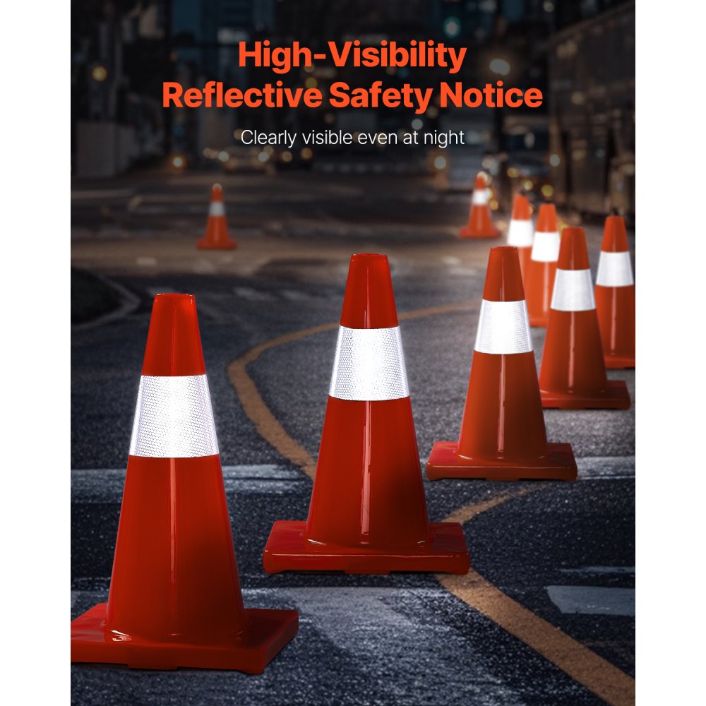VEVOR 12Pack 18" Traffic Cones, Safety Road Parking Cones PVC Base, Orange Traffic Cone with Reflective Collars, Hazard