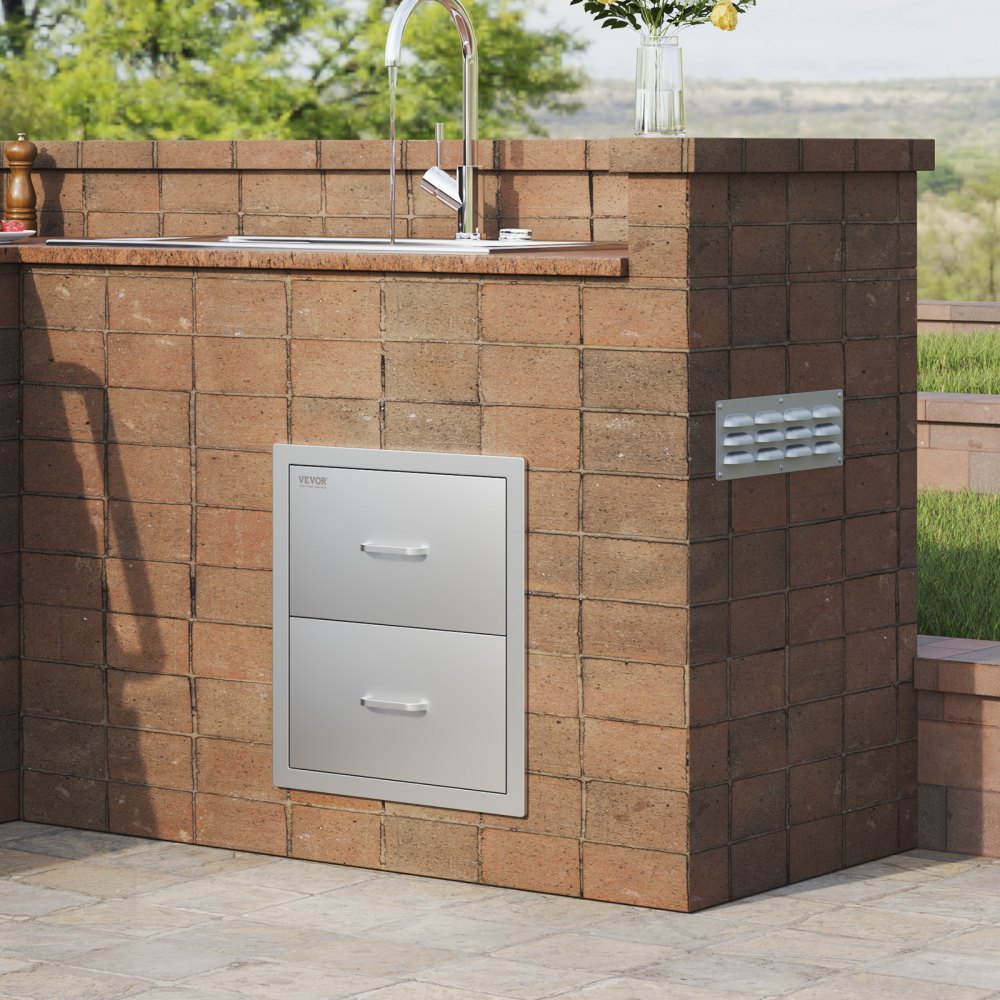 VEVOR Outdoor Kitchen Drawers 17.8W x 20.2H x 12.2D Inch, Flush Mount Double BBQ Drawers Stainless Steel with Handle