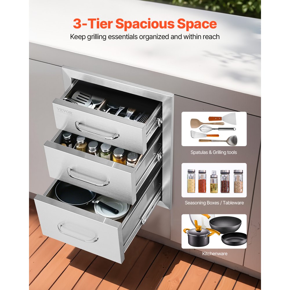 VEVOR Outdoor Kitchen Drawers 14" W x 20.3" H x 23" D, Flush Mount Triple Access BBQ Drawers Stainless Steel with