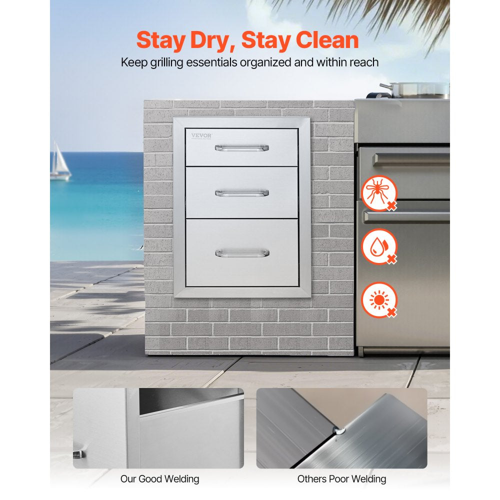 VEVOR Outdoor Kitchen Drawers 14" W x 20.3" H x 23" D, Flush Mount Triple Access BBQ Drawers Stainless Steel with