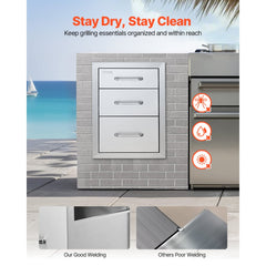 VEVOR Outdoor Kitchen Drawers 14" W x 20.3" H x 23" D, Flush Mount Triple Access BBQ Drawers Stainless Steel with