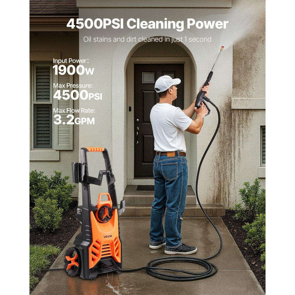 VEVOR Electric Pressure Washer, Max 4500 PSI and 3.2 GPM, High Power Pressure Cleaning Machine with 4 Quick Connect