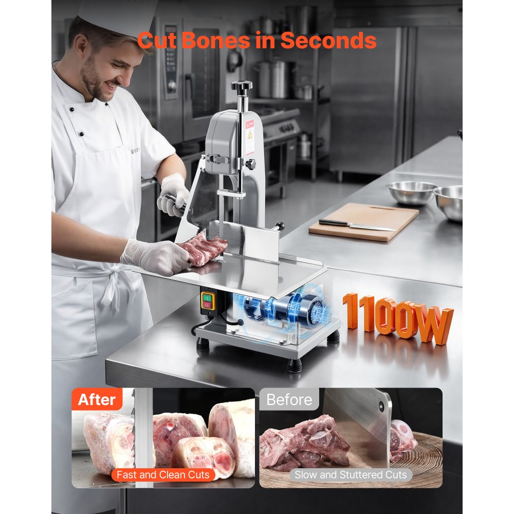 VEVOR Commercial Electric Meat Bandsaw, 1100W Bone Sawing Machine with 12.4" x 18.1" Workbench, 0-4.3" Cutting