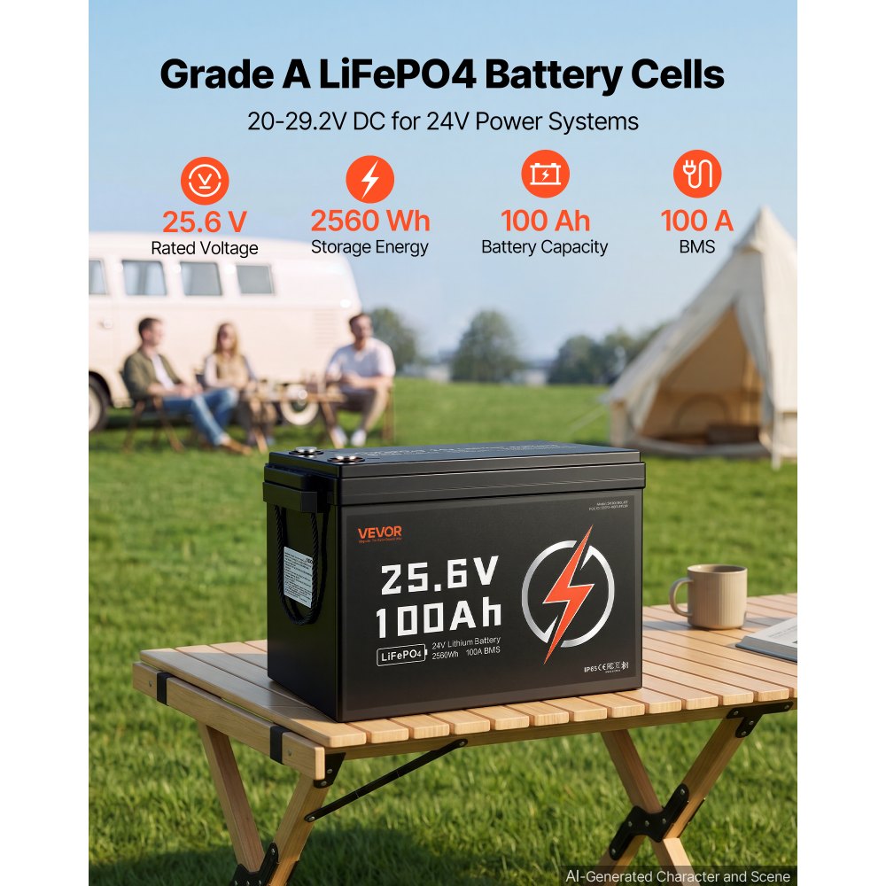VEVOR 24V 100Ah LiFePO4 Lithium Battery 4000+ Cycles 100A BMS with Bluetooth, 2560Wh Lithium Battery with Low