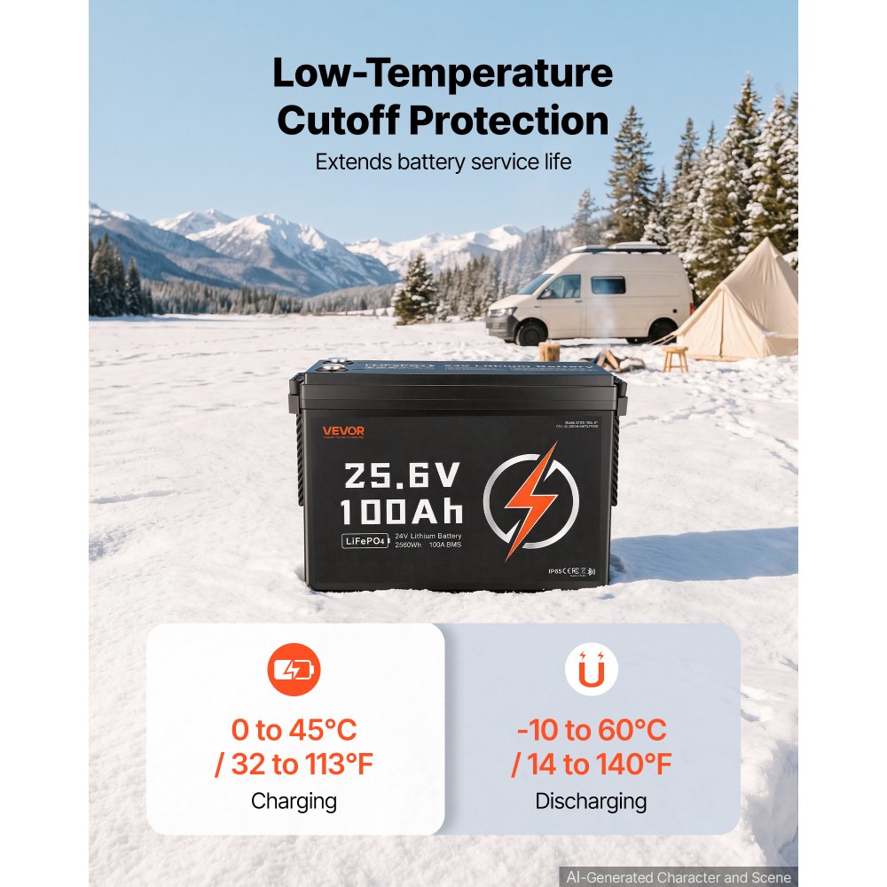 VEVOR 24V 100Ah LiFePO4 Lithium Battery 4000+ Cycles 100A BMS with Bluetooth, 2560Wh Lithium Battery with Low