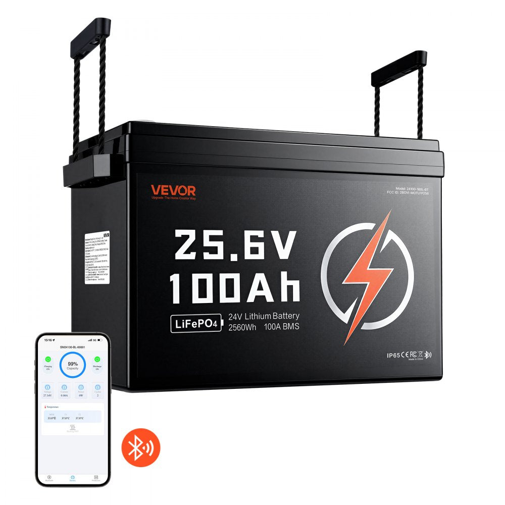 VEVOR 24V 100Ah LiFePO4 Lithium Battery 4000+ Cycles 100A BMS with Bluetooth, 2560Wh Lithium Battery with Low