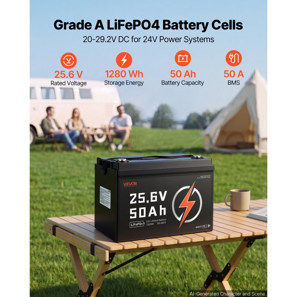 VEVOR 24V 50Ah LiFePO4 Lithium Battery 4000+ Cycles 50A BMS with Bluetooth, 1280Wh Lithium Battery with Low Temperature