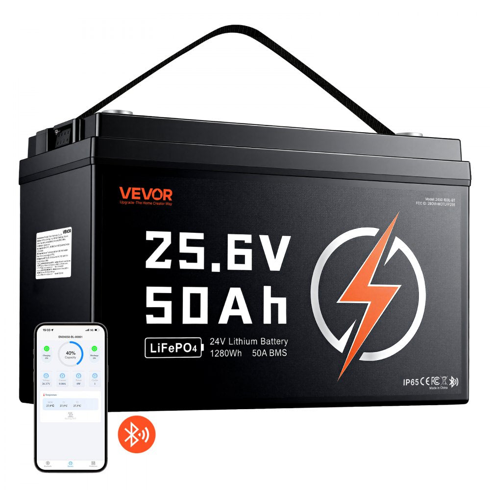 VEVOR 24V 50Ah LiFePO4 Lithium Battery 4000+ Cycles 50A BMS with Bluetooth, 1280Wh Lithium Battery with Low Temperature