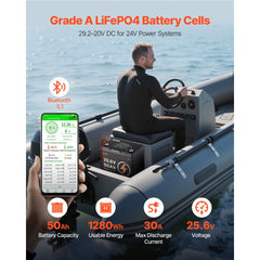 VEVOR 24V 50Ah LiFePO4 Lithium Battery, Bluetooth, Deep Cycle Lithium Rechargeable Battery, Built-in 30A BMS, Low Temp