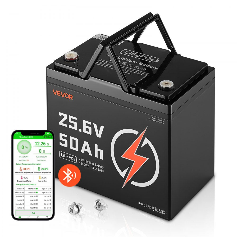 VEVOR 24V 50Ah LiFePO4 Lithium Battery, Bluetooth, Deep Cycle Lithium Rechargeable Battery, Built-in 30A BMS, Low Temp