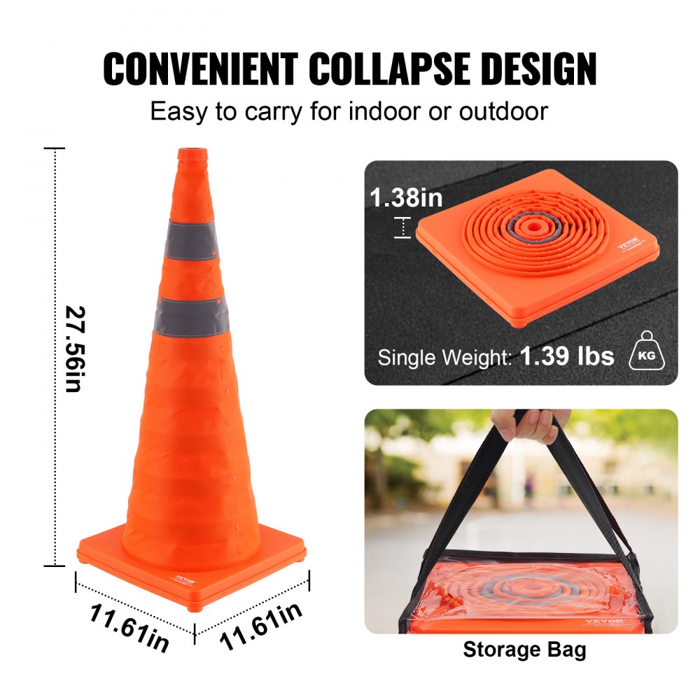VEVOR Safety Cones, 4 Pack 28 inch Collapsible Traffic Cones, Construction Cones with Reflective Collars, Wide Base and