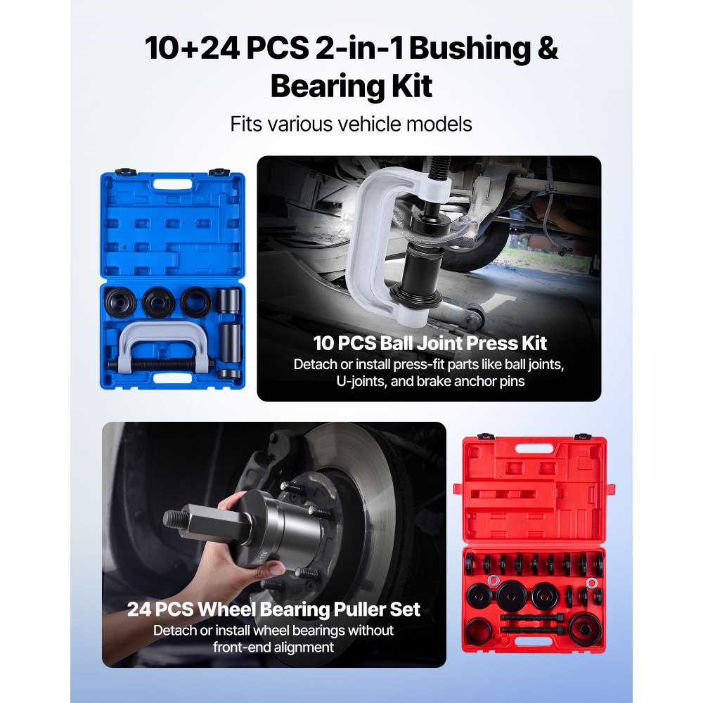 VEVOR Bearing Press Kit, 10+24 Pcs, 2 in 1 Ball Joint Press & Wheel Bearing Puller Kit, Race and Seal Driver Set with