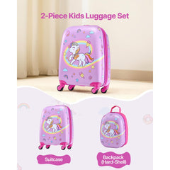 VEVOR Kids Luggage Set, 2 Piece, 18 Inch Hardside Rolling Wheels Suitcase with Hard-Shell Backpack, Unicorn Kids Carry