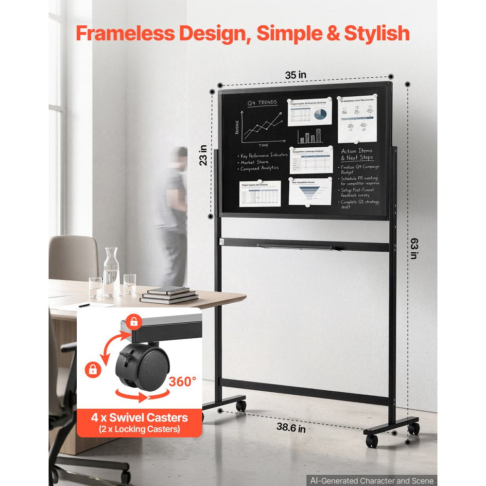 VEVOR Glass Dry Erase Board 35 x 23 in Magnetic Whiteboard with Base Black, Frameless, Mobile with Stand and Wheels