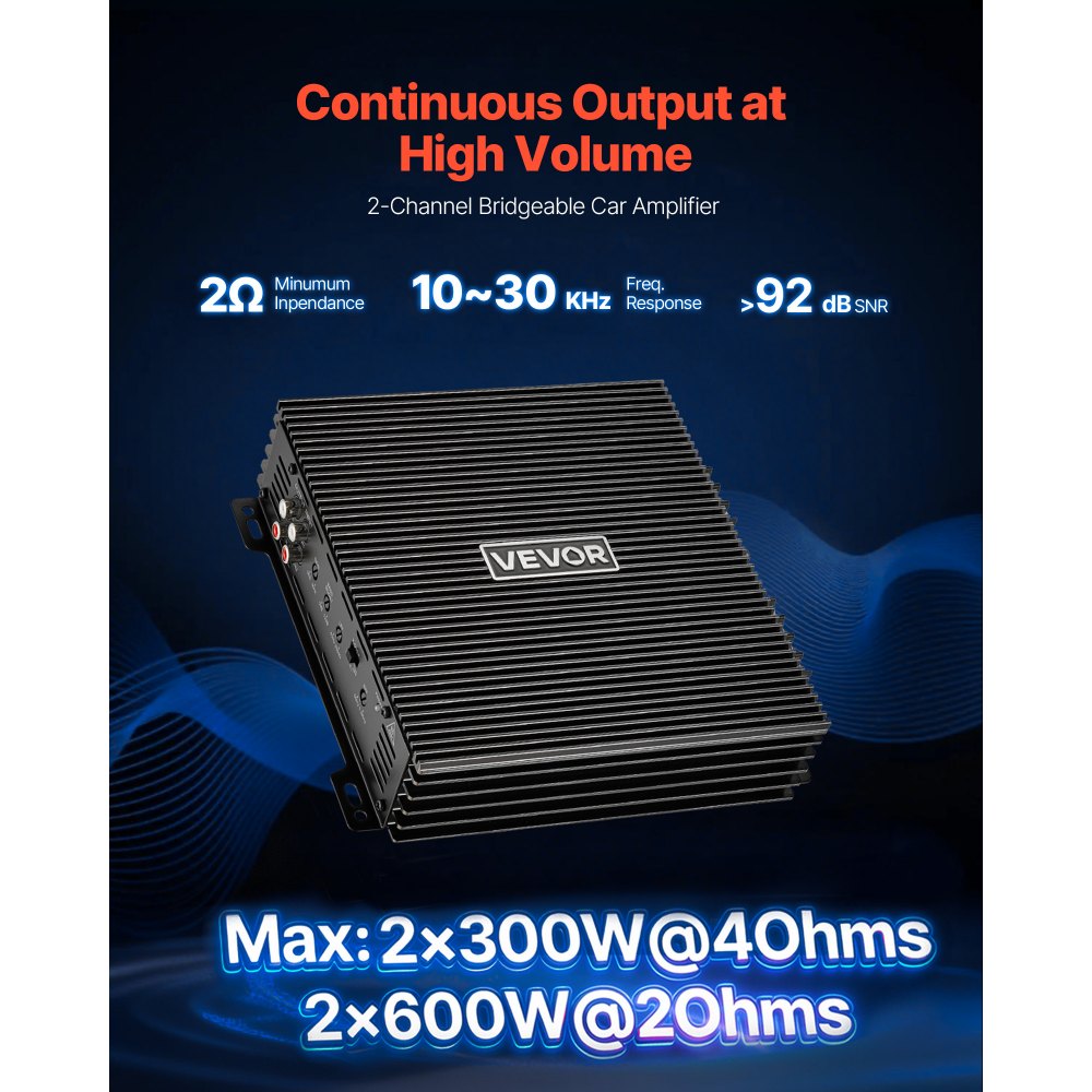 VEVOR 2 Channel Car Audio Amplifier 2 Ohm Stable Bridgeable Class A/B Full Range Stereo Amp Max Power 2 x 300W @ 4 Ohm