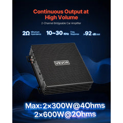 VEVOR 2 Channel Car Audio Amplifier 2 Ohm Stable Bridgeable Class A/B Full Range Stereo Amp Max Power 2 x 300W @ 4 Ohm