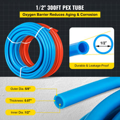 VEVOR Oxygen-Barrier PEX Tubing 300Ft Red + 300Ft Blue 1/2 Inch Radiant Floor PEX Pipe Radiant Heat Floor Heating