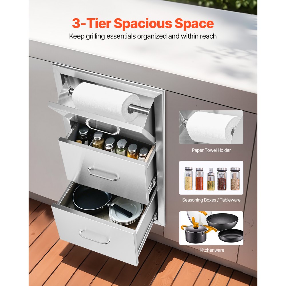 VEVOR 17W x 30H x 21D Inch Outdoor Kitchen Stainless Steel Double Access Drawers with Paper Towel Holder Combo for BBQ