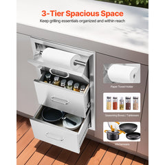 VEVOR 17W x 30H x 21D Inch Outdoor Kitchen Stainless Steel Double Access Drawers with Paper Towel Holder Combo for BBQ