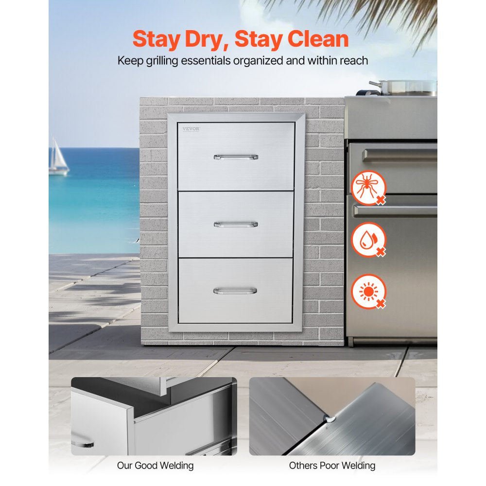 VEVOR 17W x 30H x 21D Inch Outdoor Kitchen Stainless Steel Double Access Drawers with Paper Towel Holder Combo for BBQ