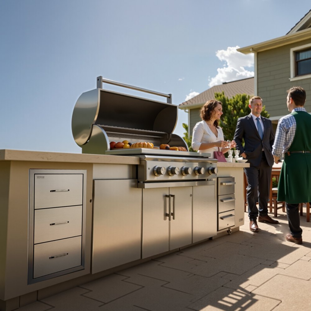 VEVOR 17W x 30H x 21D Inch Outdoor Kitchen Stainless Steel Double Access Drawers with Paper Towel Holder Combo for BBQ