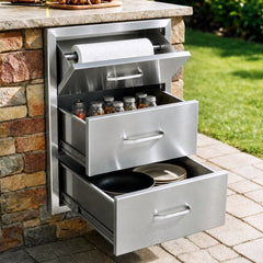 VEVOR 17W x 30H x 21D Inch Outdoor Kitchen Stainless Steel Double Access Drawers with Paper Towel Holder Combo for BBQ